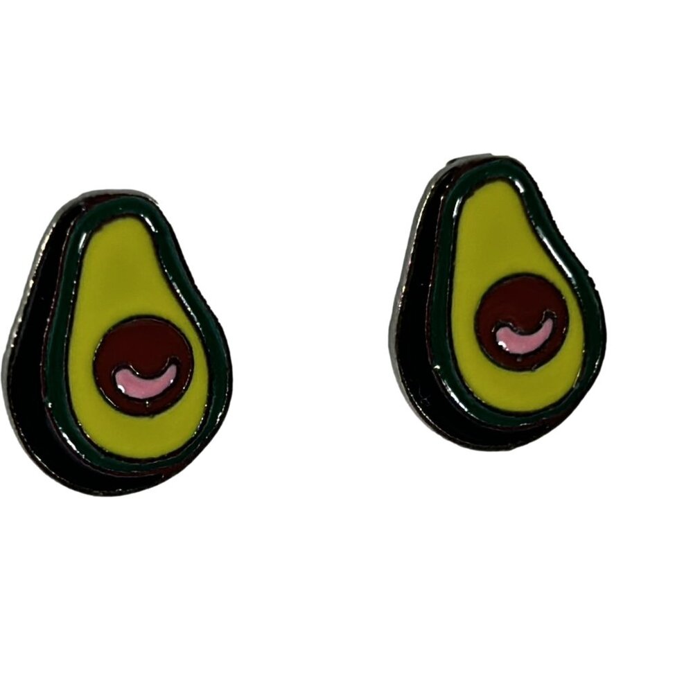 Metal Enamel Avocado Stud Earrings Green Silver Tone Novelty